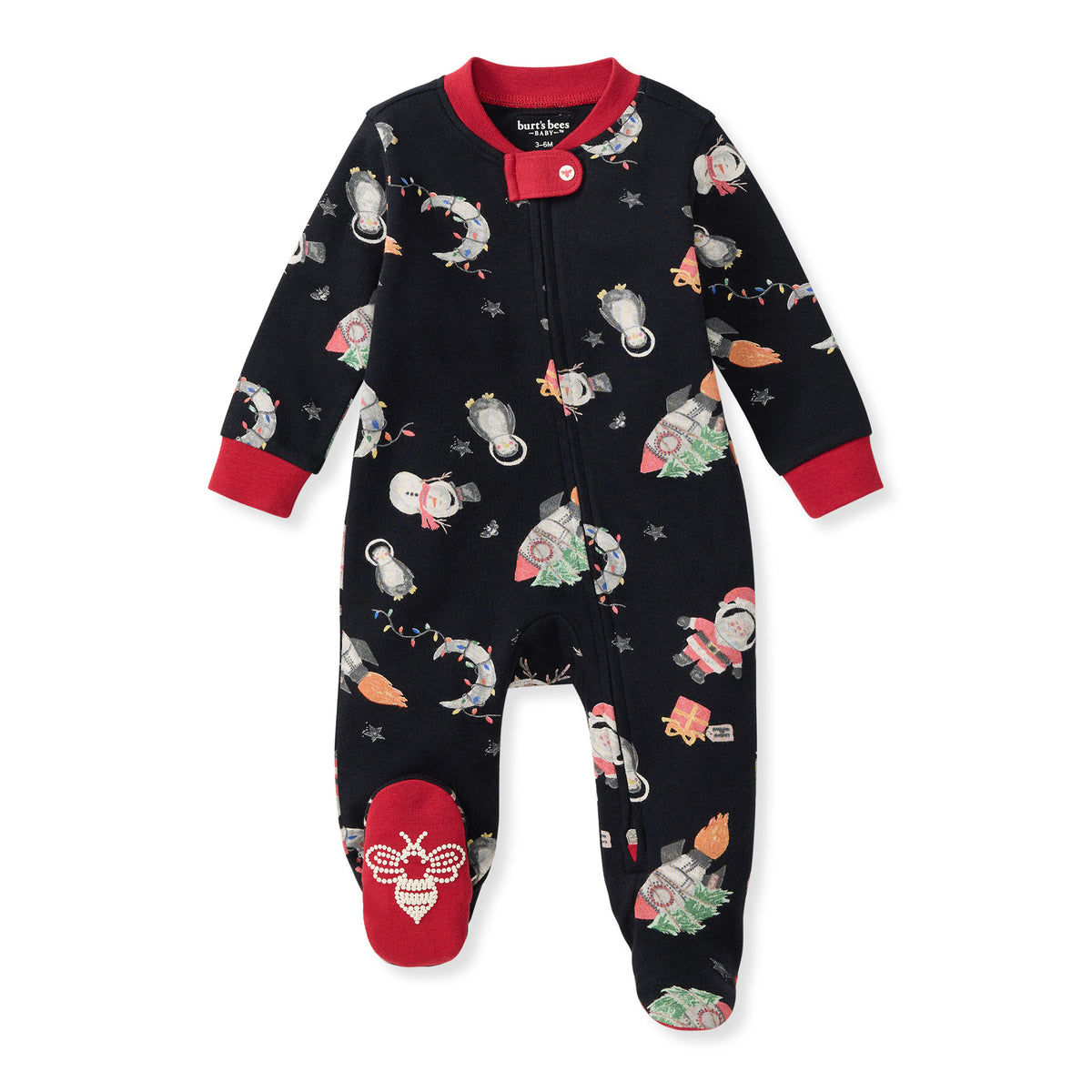 Black footed organic cotton sleep & play pajama, red cuffs and allover space print
