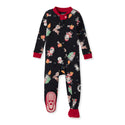 Footed organic cotton sleeper in dark with red cuffs and buttons, space-themed holiday print