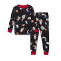 Kids two-piece pajama set, black long-sleeve top and pants with festive space print