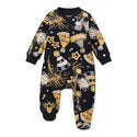 Organic cotton footed sleep and play, dark navy with gold New Year fireworks print