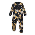 Footed organic cotton sleeper, dark navy with gold fireworks and confetti prints, snap closure