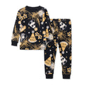 Two-piece pajama set in dark navy with gold fireworks and rockets, long pants and top