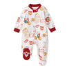 White footed sleep & play romper with red collar, cuffs, and cookie and milk prints