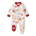 White footed sleep & play romper with red collar, cuffs, and cookie and milk prints