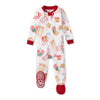Organic cotton footed sleeper in white with Santa cookies print, red cuffs and feet