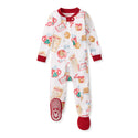 Organic cotton footed sleeper in white with Santa cookies print, red cuffs and feet