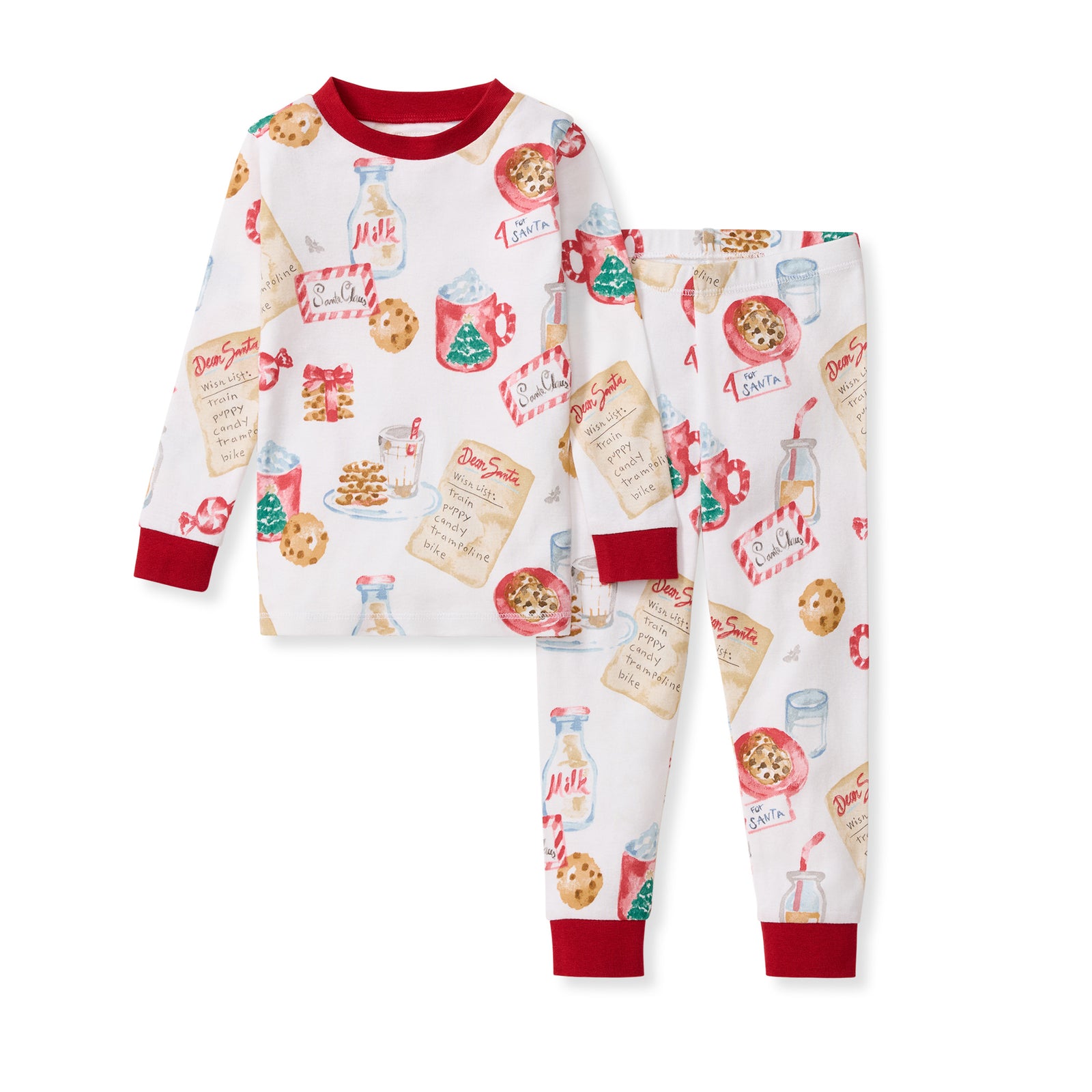 Kids’ two-piece pajama set in white with red cuffs and Santa cookie pattern - View 1