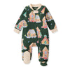 Dark green footed sleep & play romper with gingerbread house print, long sleeves, snap neck