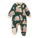Dark green footed sleep & play romper with gingerbread house print, long sleeves, snap neck