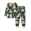 Organic cotton two-piece pajamas in dark green with gingerbread house print, long sleeves and pants