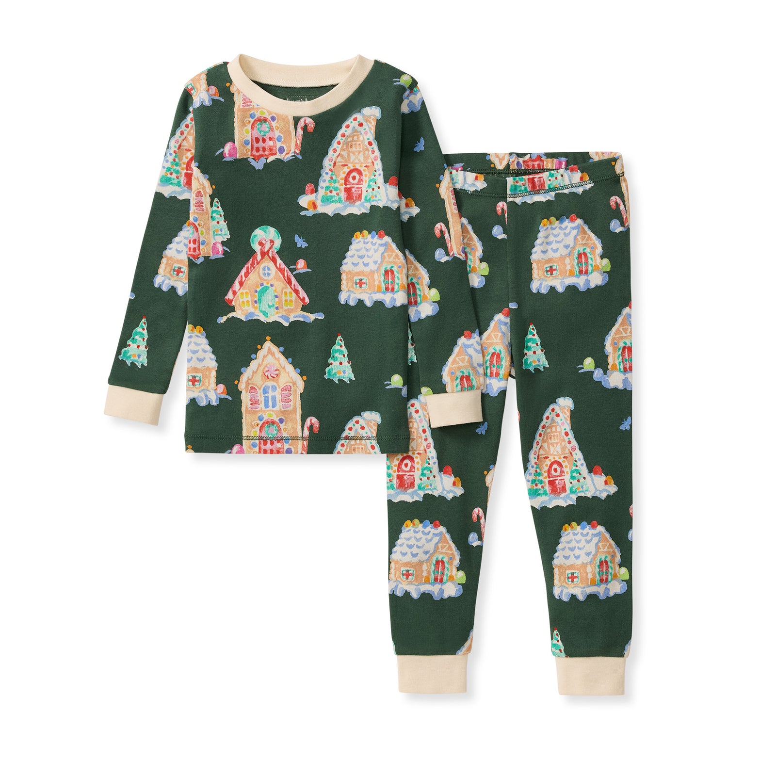 Organic cotton two-piece pajamas in dark green with gingerbread house print, long sleeves and pants - View 1
