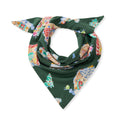 Dark green pet bandana with colorful gingerbread house and candy pattern, triangle scarf