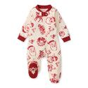 Cream red Christmas footed sleep romper with snap button collar and Santa reindeer prints