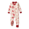 Cream footed sleeper with red holiday prints, button placket, and striped red cuffs