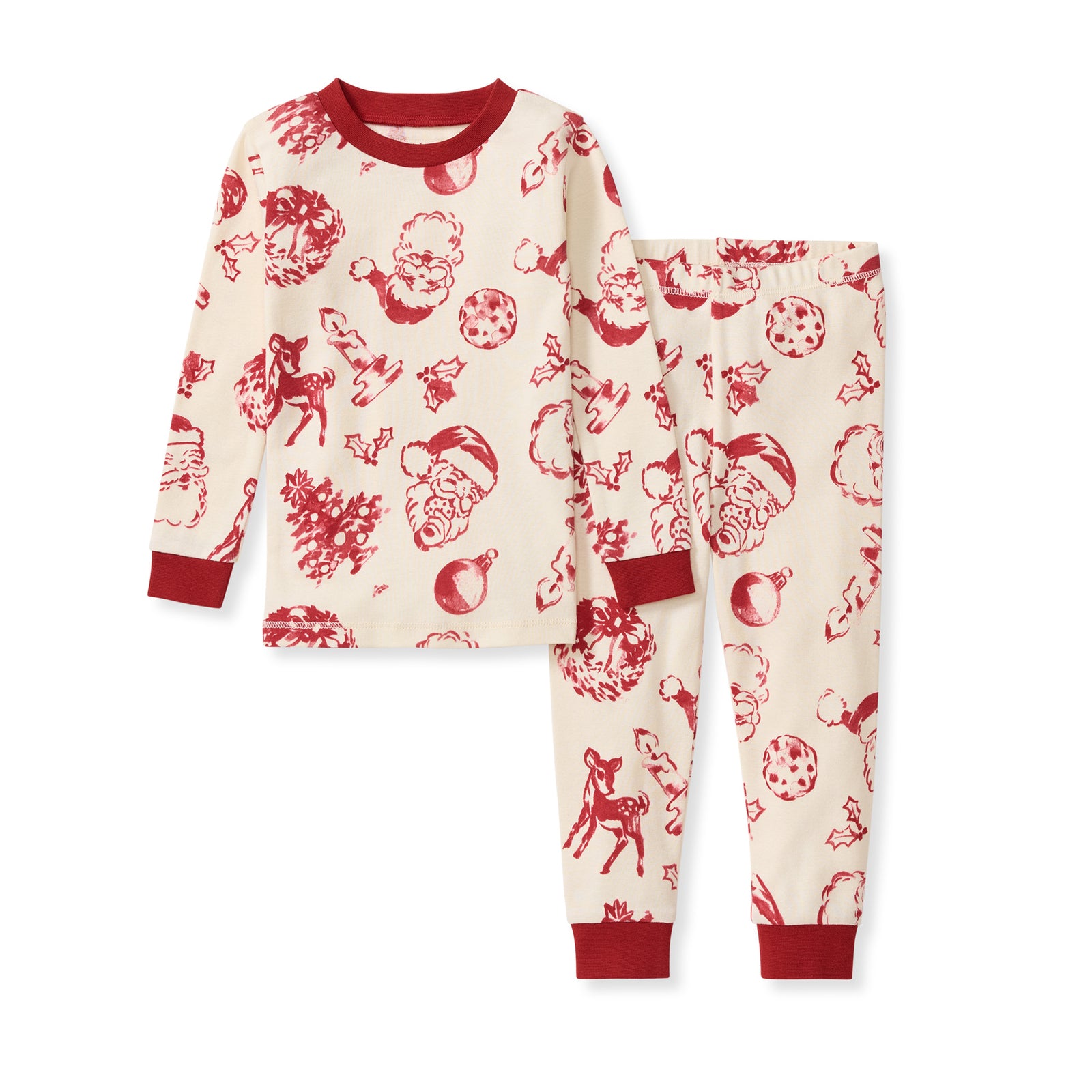 Cream two-piece pajama set with red holiday character print, long sleeves and cuffed pants - View 1