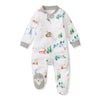 Organic cotton footed sleeper with ski slope print, gray cuffs and closed toes