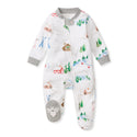 Organic cotton footed sleeper with ski slope print, gray cuffs and closed toes