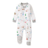 Organic cotton footed sleeper, ski slope village print, long sleeves, snap front.