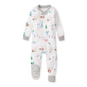 Organic cotton footed sleeper, ski slope village print, long sleeves, snap front.
