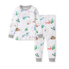 White long-sleeve pajama set with matching pants and allover ski-slope themed print