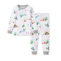 White long-sleeve pajama set with matching pants and allover ski-slope themed print