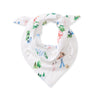 Pet bandana with ski-slope print on white cotton, featuring skiers and pine trees
