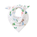 Pet bandana with ski-slope print on white cotton, featuring skiers and pine trees