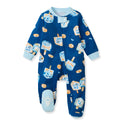 Blue organic cotton footed sleeper with button front and dreidel print