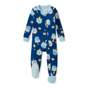 Navy footed baby sleeper with snap front and dreidel-and-shalom pattern