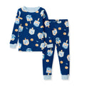Blue pajama set with dreidel print: long-sleeve crew top and matching pants
