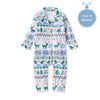 Kids flannel jumpsuit with hood, front zipper, and winter fair isle print