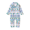Winter print flannel baby pajama jumpsuit with full-zip front, trees and snowflakes