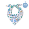 Pet flannel bandana, white with blue snowflakes and green accents, triangle scarf