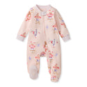 Pink footed sleep & play with cat character print and snap-button placket, long sleeves