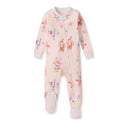 Pink footed organic cotton sleeper with button-front and colorful kitty pattern