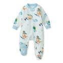 Footed sleep & play pajama with blue cuffs, button front, allover dinosaur print
