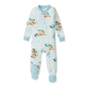 Light blue organic cotton footed sleeper, dino winter scene, zip-front