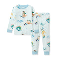 Light blue dinosaur print organic cotton two-piece pajama set, long-sleeve top and pants