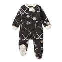 Dark footed sleep & play one-piece with long sleeves, zip front, and white snowflake icon print