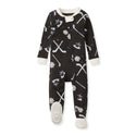 Black long-sleeve footed sleeper with snap front and all-over white winter print