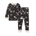 Dark long-sleeve pajama top and matching pants in allover white icon print, crew neck
