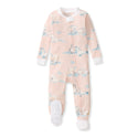 Light pink zip-front footed sleeper with polar pals print and gripper soles