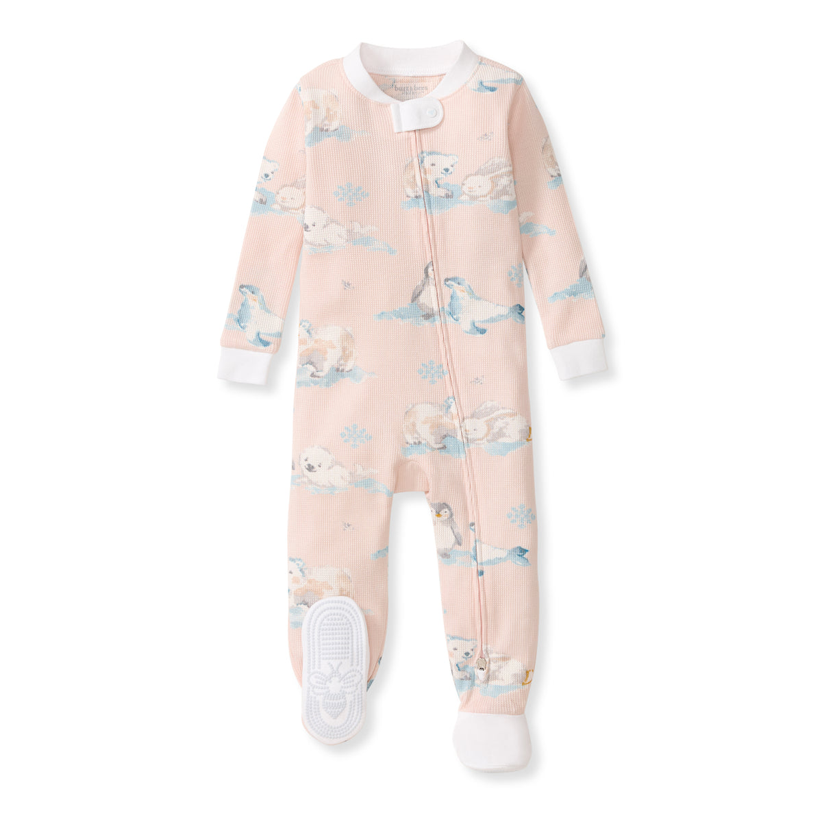Light pink zip-front footed sleeper with polar pals print and gripper soles - View 1