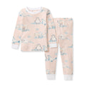 Pink thermal pajama set with long sleeves, penguin and snowflake prints, matching pants