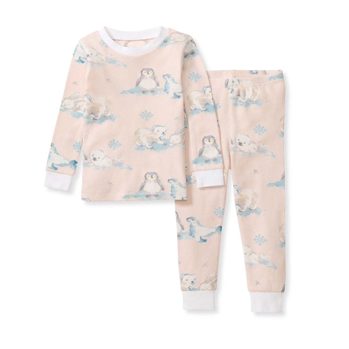 Pink thermal pajama set with long sleeves, penguin and snowflake prints, matching pants - View 1