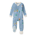 Light blue thermal footed sleeper with bear-on-ice animal print, zip-front