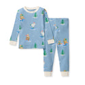 Light blue thermal pajama set with bear and penguin print, long-sleeve top and cuffed pants
