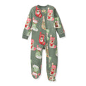 Green fleece sleeper with full-length buttons and red-and-green stocking print