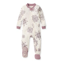 Footed baby sleeper with button-front and mauve neckline, allover snowflake print