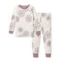 Two-piece pajama set, long-sleeve crewneck top and cuffed jogger pants, cream with snowflake print